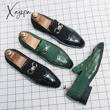 Xajzpa - Loafers Men Shoes Stone Pattern Pu Stitching Faux Suede Metal Buckle Fashion Business